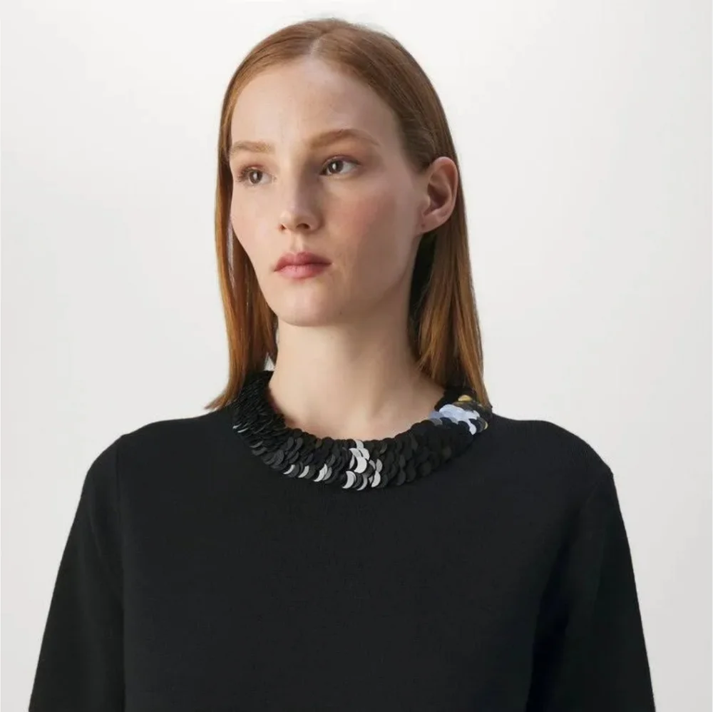 Tory Burch Sequin-embellished Merino Wool-blend Midi Dress Black Office NWOT S